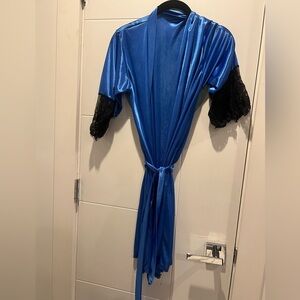Blue Satin Robe with Black Lace Trim